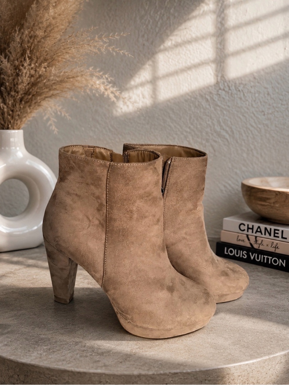 Suede Tan Ankle Booties with Block Heel - Women